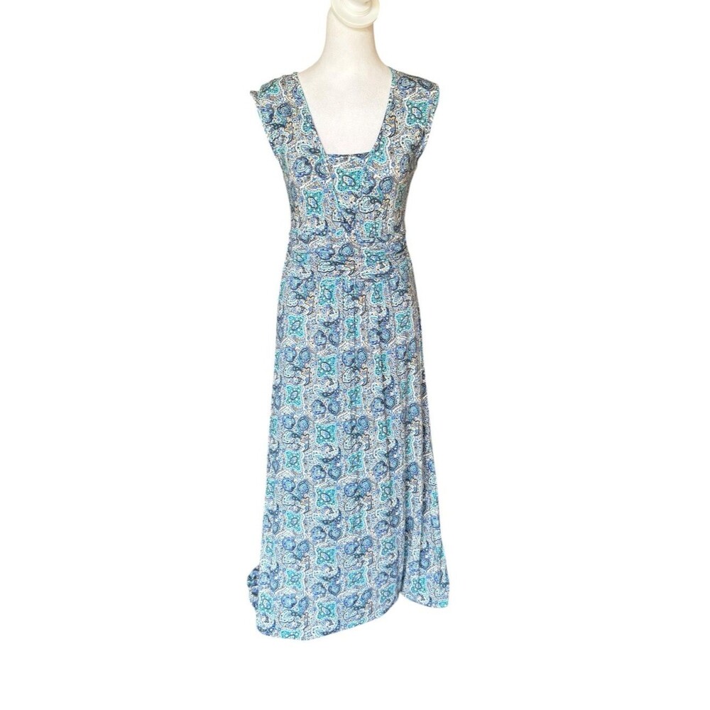 Garnet Hill Soleil Maxi Dress Womens Size Small Blue Paisley Boho Peasant A Line